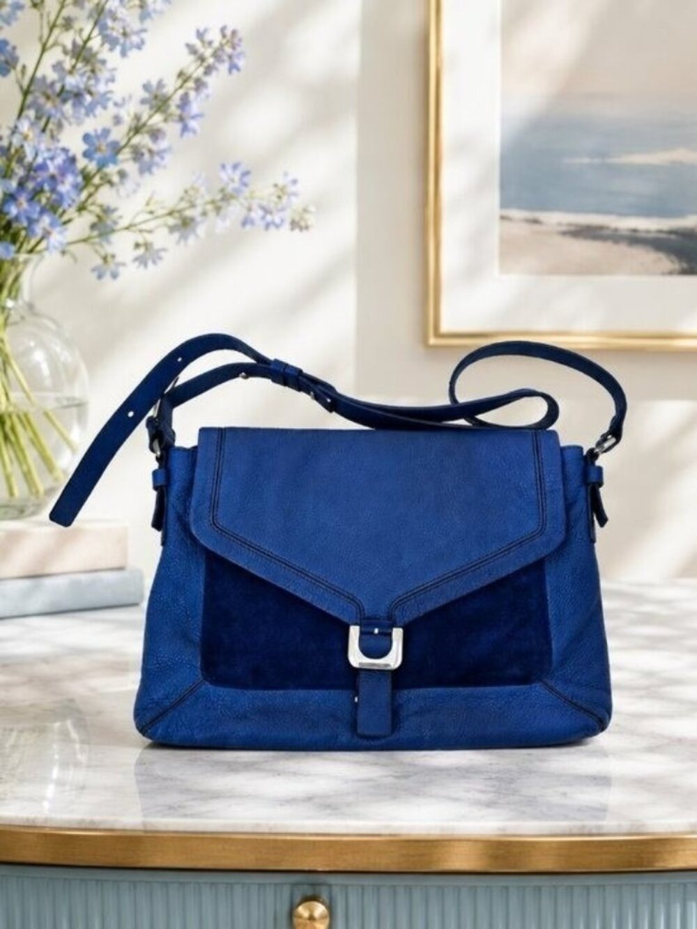 DVF Diane Von Furstenberg Drew Connect Bag Blue Soft Suede Leather Crossbody